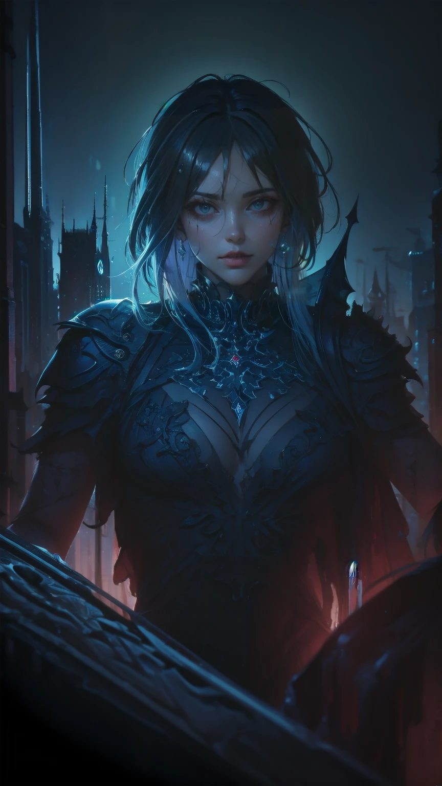Lilith, beautiful demon, fallen angel, piercing blue eyes, hyperdetailed, photorealistic, post apocalyptic background, volumetric lighting, 4k