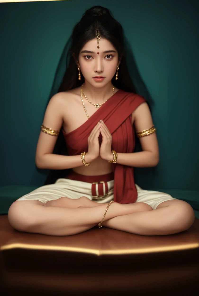 Create a realistic portrait of a Buddhist naked queen, kneeling and looking into the camera from below. She has beautiful BREASTS. Her face is full of lust.She wears a simple, but elegant crown or headgear, which is decorated with lotus flowers or other Buddhist symbols. Her face radiates gentleness, Compassion and spiritual depth from, similar to the depictions of important Buddhist figures such as Tara or Avalokiteshvara. Her expression is calm and meditative, With a smile, that reflects inner peace and wisdom. Her dress is simple and elegant, often in traditional Buddhist colors such as orange, Yellow or burgundy. It may be embroidered with religious symbols or patterns, symbolize enlightenment and spiritual development. She wears modest jewelry, which shows subtle Buddhist elements such as Dharma wheels or mantra characters. She kneels upright and dignified, hands folded in a gesture of prayer or meditation. The surroundings show a quiet and spiritual place, such as a temple courtyard or a garden with Buddhist statues and symbols. A soft light surrounds them, that enhances their spiritual radiance. The image should look like a realistic photo, that reflects the inner qualities and spiritual depth of Buddhist teachings.