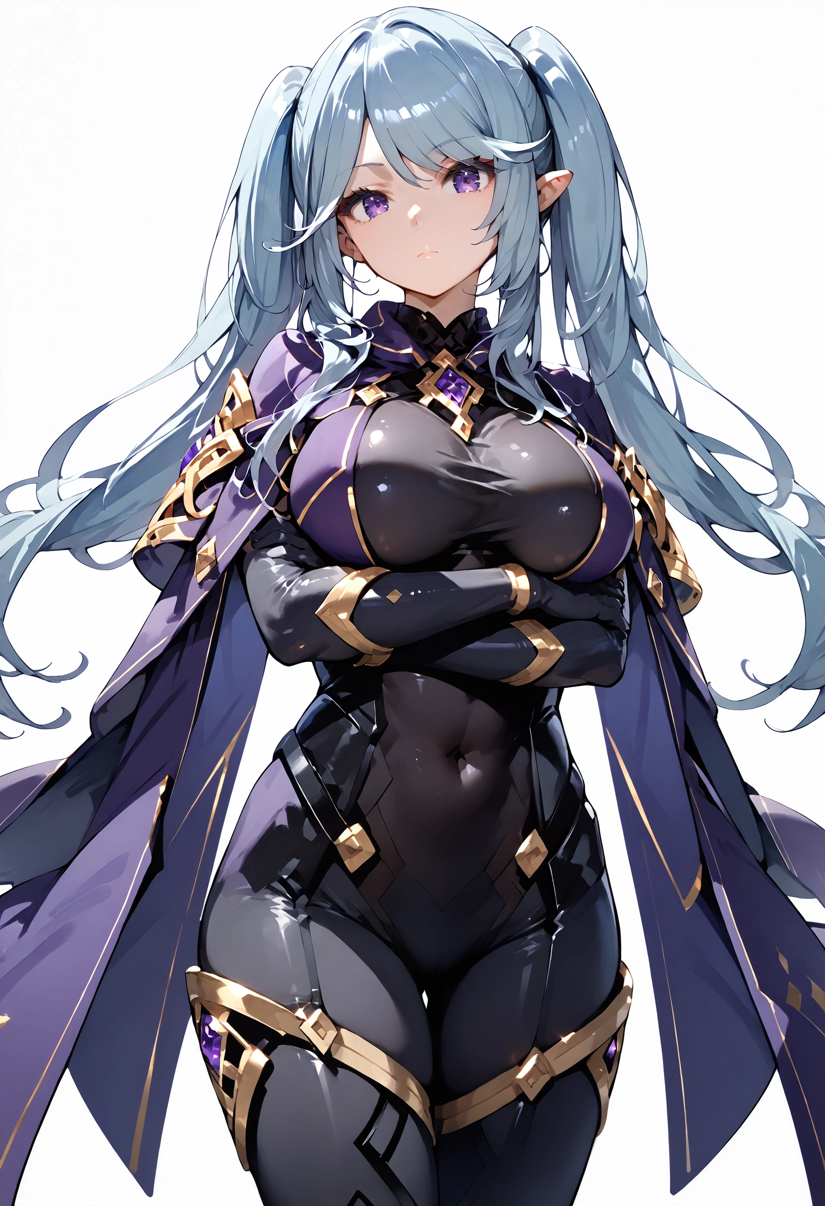 score_9, score_8_up,score_7_up,source_anime,Epsilon_Eminence, 1girl, large breasts, twintails, looking at viewer, black bodysuit, covered navel, purple cape, elbow gloves, closed mouth, sidelocks, standing, thighs, swept bangs, cowboy shot, simple background, arms crossed