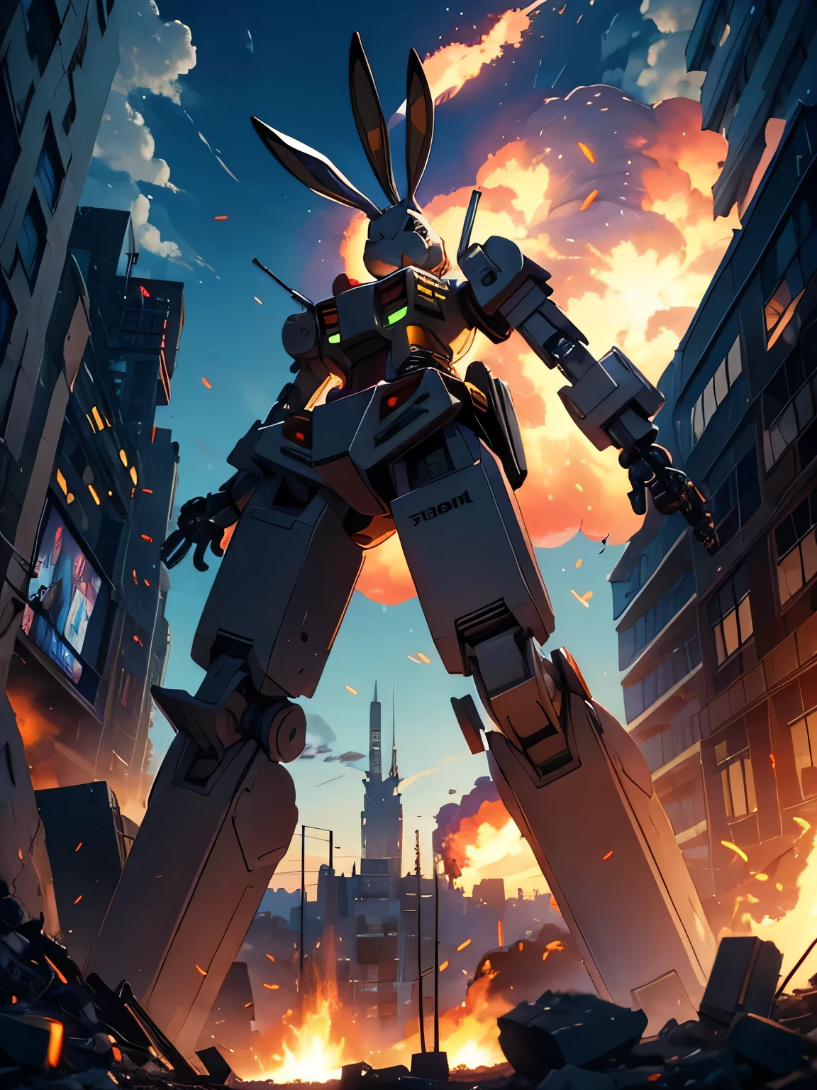 anime、High image quality、 high resolution on down、(((Giant rabbit robot )))、 destroying the city 、 3 fighter jets are attacking the rabbit robot、Explosive Flame、blast、Collapsing building 、