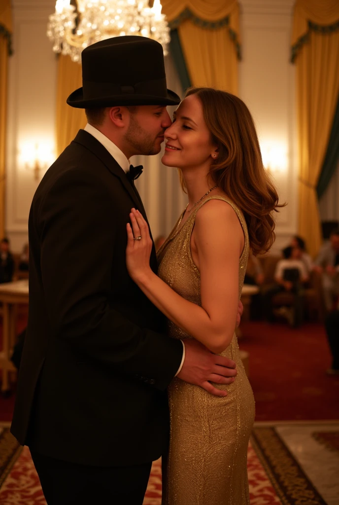 (Visualize a vibrant image of a couple at a Gatsby-era Halloween party, embodying classic Hollywood glamour. The man is dressed in an impeccably tailored tuxedo, topped with a sleek top hat, exuding elegance and charm. The woman shines in a golden flapper dress, her soft curls cascading past her shoulders, exuding a mix of rebellion and sophistication. They are situated in a grand, opulent ballroom whose rich decor gently vanishes into a soft bokeh effect, created by twinkling chandeliers and lavish drapery. As music softly plays in the background, the man leans in to plant a gentle kiss on her cheek, his hand tenderly supporting her waist, while she smiles demurely, basking in affection under his adoring gaze. The scene focuses on authenticity and intricacy in every stitch of fabric and every curvature of the couple’s united silhouette, capturing the timeless elegance of their persona with hypnotic accuracy.)