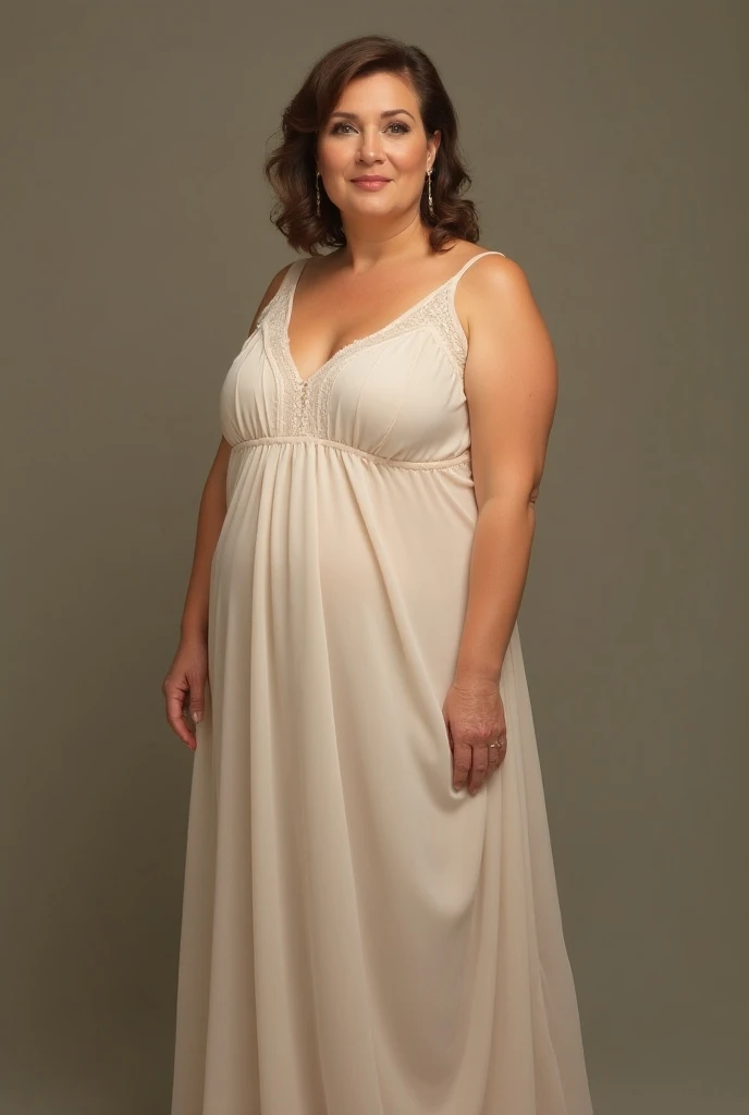 a mature woman standing alone, white hair, khaki eyes, perfect anatomy, in the corridor, big breasts, curvy body, smiling, looking at me,linen dress