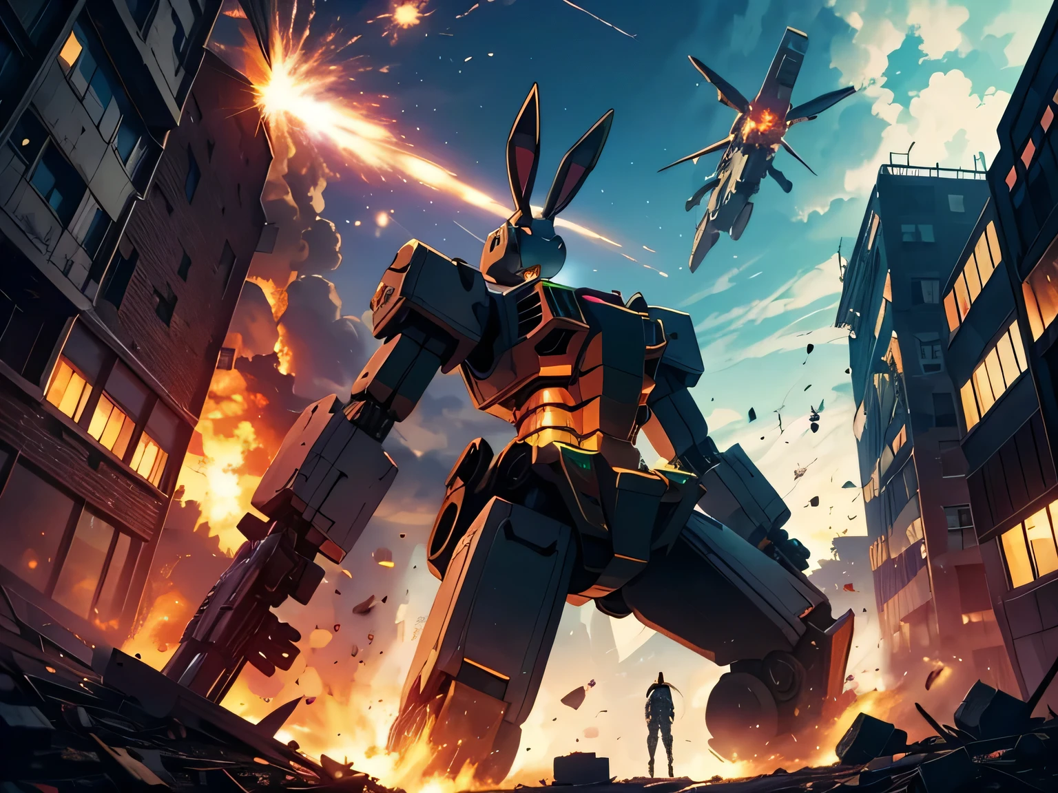 anime、High image quality、 high resolution on down、(((Giant rabbit robot )))、 destroying the city 、 3 fighter jets are attacking the rabbit robot、Explosive Flame、blast、Collapsing building 、