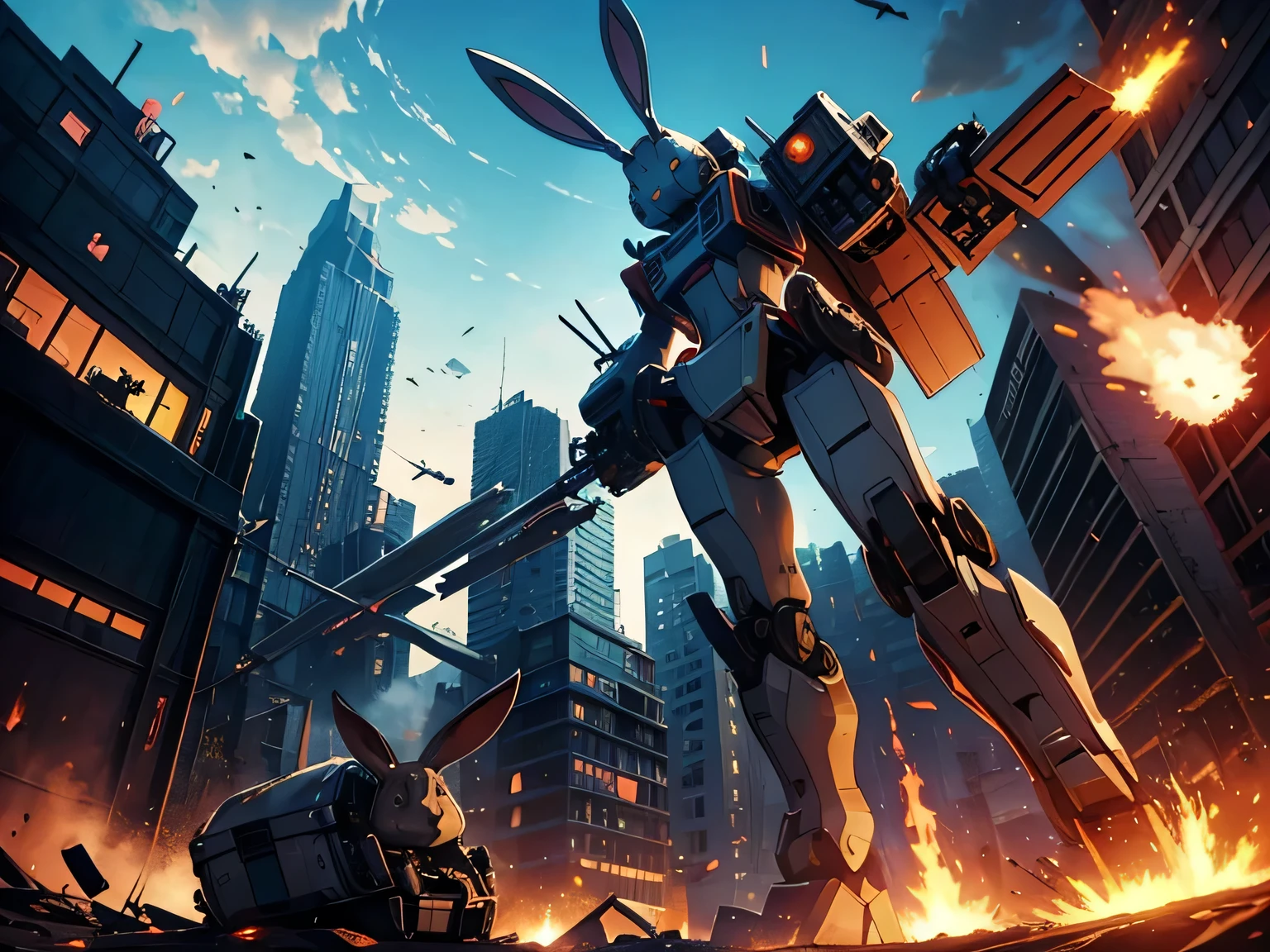 anime、High image quality、 high resolution on down、(((Giant rabbit robot )))、 destroying the city 、 3 fighter jets are attacking the rabbit robot、Explosive Flame、blast、Collapsing building 、