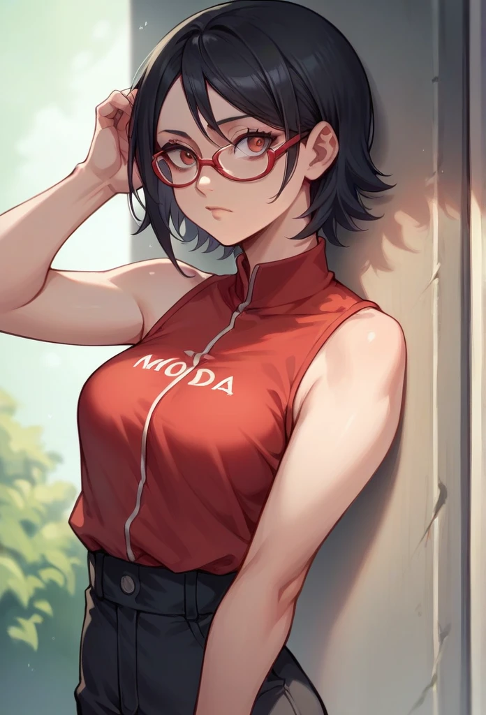 Sarada Uchiha, Character from the series Boruto  ,  short black hair  , wear glasses, his eyes are black, He wears a red sleeveless shirt his arms look like the series a short short medium breasts growing High resolution,  masterpiece ,  lyrics, 