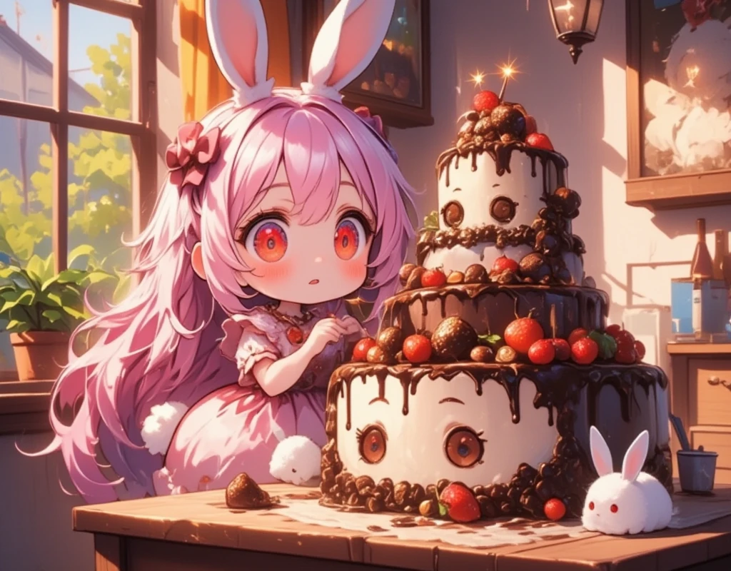  1 girl\(Chibi,cute,cute,   smaller ,  Pink Hair,   very long hair   ,bangs,\(Fluffy white rabbit \), bunny tail, red eyes,  Big Eye,    Beautiful Sparkling Eyes , big star-shaped pupils:1.2,  open your mouth wide:1.2, Round Mouth, Surprise, Upper teeth visible,  white skin,Big hair ribbon,   Pink Ruffle Dress, Chest, full body\), Big cake, Looks delicious, Pretty Face on Cake ,  Painted with Chocolates , A lot of strawberries were on it:1.1, On a plate, Wooden table, cute家, とってもcute家, colorful, Warm colors, Friendly atmosphere,  Fluffy Curtains , 窓 BREAK UHD, high details, best quality