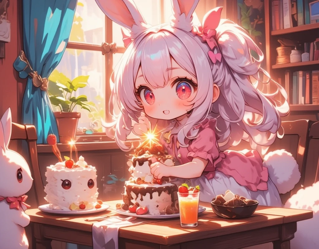  1 girl\(Chibi,cute,cute,   smaller ,  Pink Hair,   very long hair   ,bangs,\(Fluffy white rabbit \), bunny tail, red eyes,  Big Eye,    Beautiful Sparkling Eyes , big star-shaped pupils:1.2,  open your mouth wide:1.2, Round Mouth, Surprise, Upper teeth visible,  white skin,Big hair ribbon,   Pink Ruffle Dress, Chest, full body\), Big cake, Looks delicious, Pretty Face on Cake ,  Painted with Chocolates , A lot of strawberries were on it:1.1, On a plate, Wooden table, cute家, とってもcute家, colorful, Warm colors, Friendly atmosphere,  Fluffy Curtains , 窓 BREAK UHD, high details, best quality