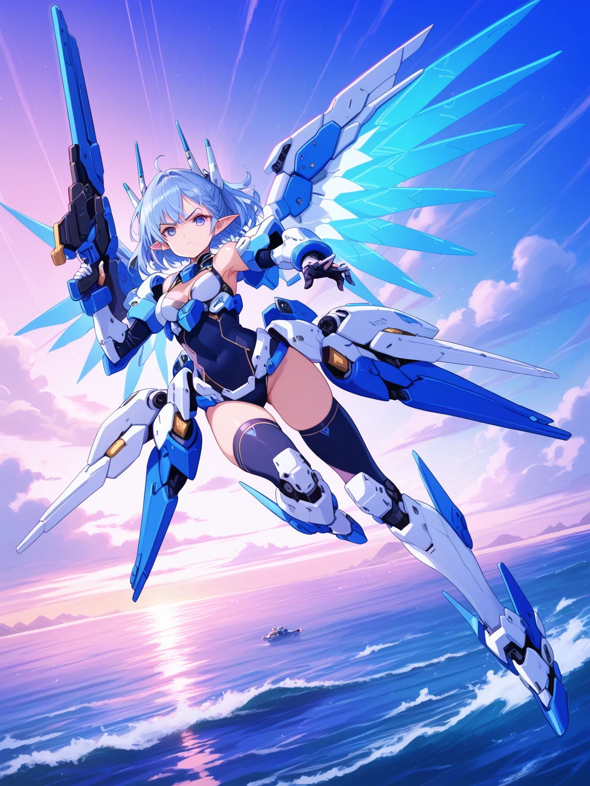 score_9, score_8_up, score_7_up, source_anime, masterpiece, best quality, high resolution, extremely detailed CG, absurdres, 1girl, solo, a mecha girl with pointy ears in Uniform holds a mecha_blead , eyelashes, ((pointy ears)), thighs, thighhighs, cleavage, bare shoulders, mecha_parts, mecha_wings, mecha_belt, white_armor, shoulder cutout,dynamic pose, flying in air, (((holding, holding weapon))), ((serious)), full body, purple_sky,ocean, horizon line, 