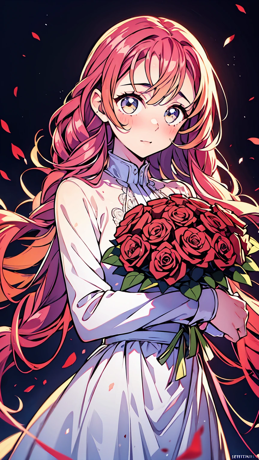  striking woman with long, straight red hair, styled with a few loose strands framing her face, stands gracefully in a wedding dress. Her expression is calm, composed, and slightly mysterious, with eyes that hold a piercing gaze. The dress is elegant and modern, featuring intricate lace details and a fitted silhouette. She holds a bouquet of deep red roses, complementing her hair. The background is softly lit, highlighting her as the central figure, evoking a sense of both beauty and quiet intensity.

