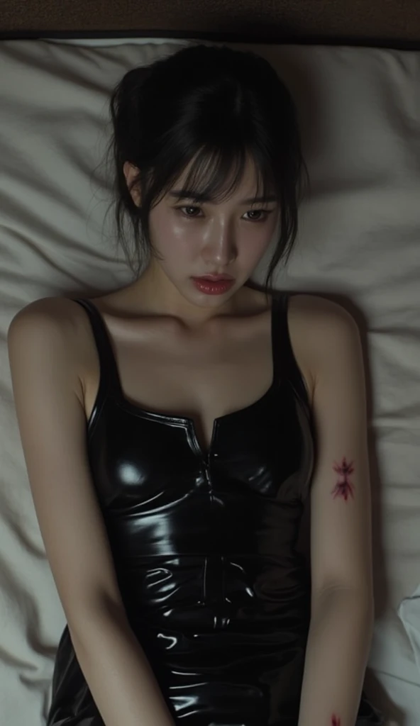 Asian woman wearing black latex dress, eyes slumped on mattress, shot in bleeding body, painful posture