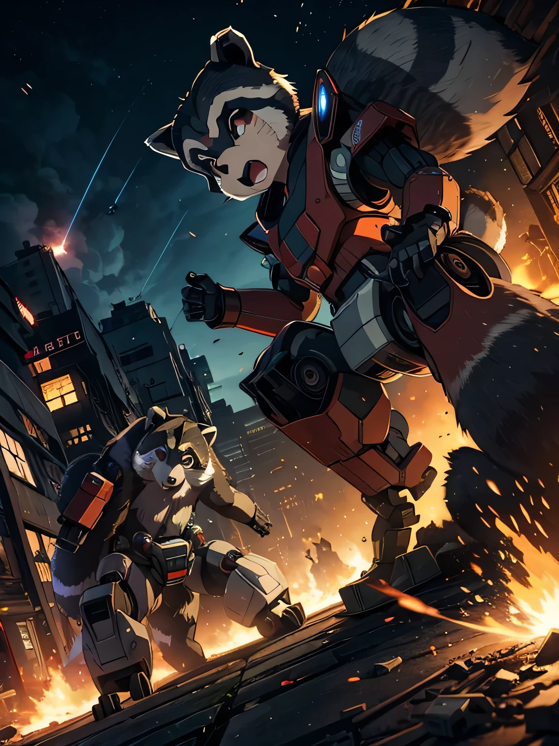 anime、High image quality、 high resolution on down、(((Giant Raccoon Dog Robots )))、 destroying the city 、 3 fighter jets are attacking Raccoon Dog robots、Explosive Flame、blast、Collapsing building 、