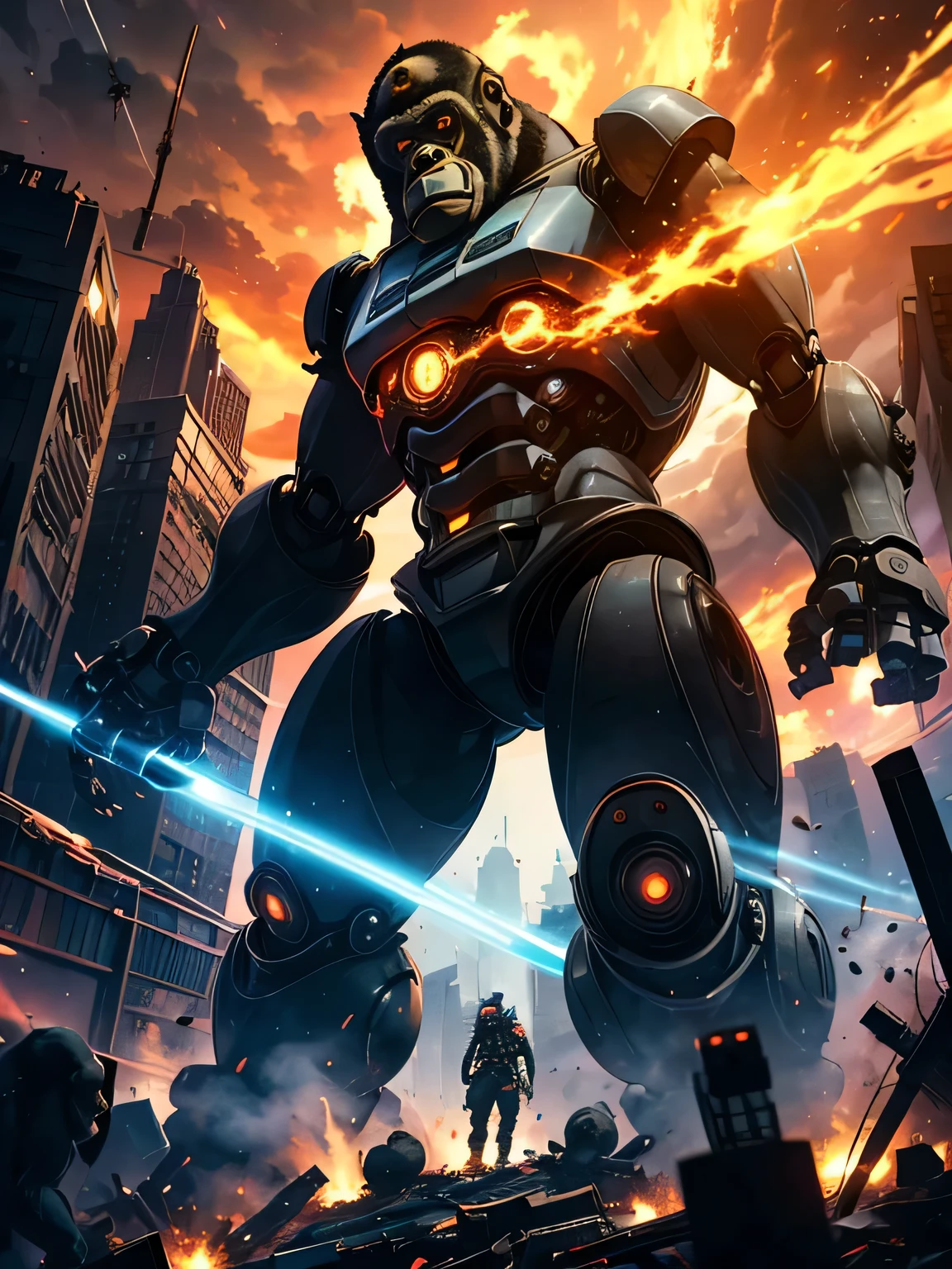 anime、High image quality、 high resolution on down、(((giant gorilla robot )))、 destroying the city 、 3 fighter jets are attacking gorilla robots、Explosive Flame、blast、Collapsing building 、