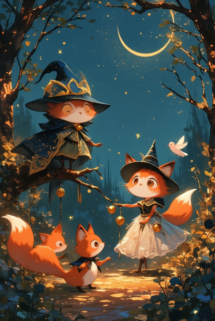 On a clear autumn night, under a vast canopy of shimmering stars, a gathering of charming animals celebrates Halloween with a grand masquerade ball. Imagine a wise old owl perched regally on a branch, her feathers dusted with golden starlight, wearing a cloak fashioned from midnight silk, her eyes twinkling with mysterious sagacity. Below her, a mischievous fox, his fur a vibrant blaze of flame, dons a jester's hat and his nimble paws are adorned with silken bells that jingle with each mirthful leap and bound. A gentle dove, her plumage kissed with a soft pink hue, flutters by, adorned in an elegant ball gown crafted from lacy cobwebs and delicate morning dew. The night air is filled with harmonious tunes as a chorus of crickets provides a musical backdrop to their spirited dance. Together, these creatures revel in the joy of the season, weaving stories of laughter and kinship into the fabric of the night, creating a scene of enchanting happiness that sparkles like stardust in the moonlit darkness.