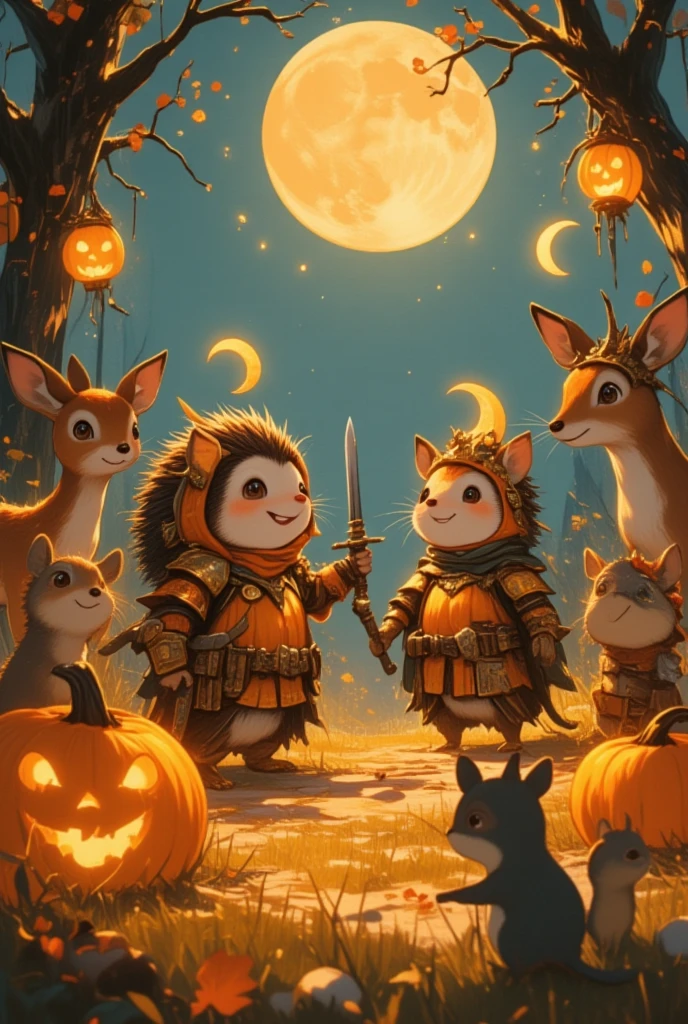 Under a harvest moon that paints the world in shades of amber and gold, a group of adorable woodland animals gathers for their annual Halloween festival. Picture a portly hedgehog, his quills cleverly concealed under a tiny pumpkin costume, waddling through the soft grass with a beaming smile. He is followed closely by a pair of chipmunks, each wearing meticulously crafted knight armor made from acorns and twigs, holding miniature swords aloft in a jovial display of bravado. A graceful fawn, her coat speckled with painted stars, prances lightly, a crescent moon tiara adorning her gentle brow. All around, lanterns carved from gourds flicker with warm light, casting intricate shadows that dance like fairies in the tender night breeze. The air buzzes with joyous energy as they all partake in a feast of berries and nuts, their tiny voices harmonizing in a melody of contentment and camaraderie. Envision this idyllic scene of celebration and friendship, where each creature is wrapped in the warmth of the season's joys, creating an unforgettable tableau of happiness and delight.