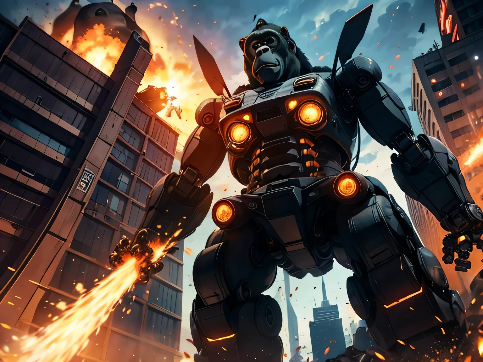 anime、High image quality、 high resolution on down、(((giant gorilla robot )))、 destroying the city 、 3 fighter jets are attacking gorilla robots、Explosive Flame、blast、Collapsing building 、