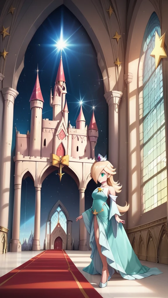 score_9,score_8_up,score_7_up,score_6_up,score_5_up,score_4_up BREAK skinny,choker,medium breasts,detached sleeves,castle,indoors,shiny skin,bokeh,bloom,indoors,light particles,princess rosalina,castle,space, High Resolution, Masterpiece, Best Quality, High Quality, 