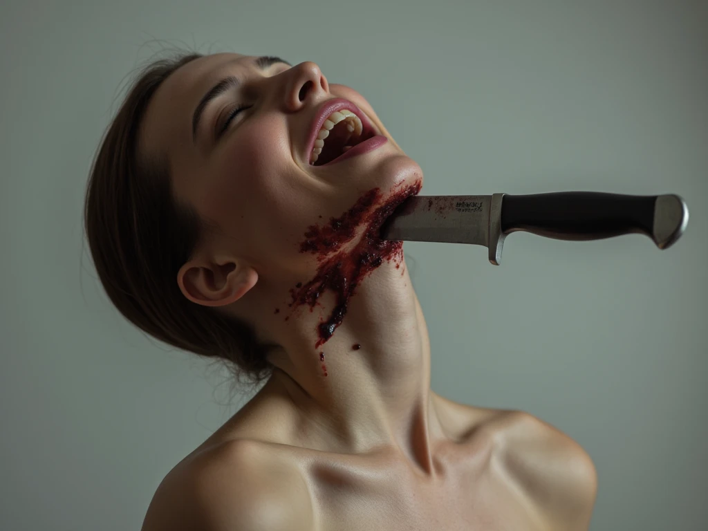 Young woman, decapitation, decapitation, slashing, naked, completely naked, big breasts, crying face, scream, face distorted in pain, blood splatter, bloodshed, knife stuck in neck