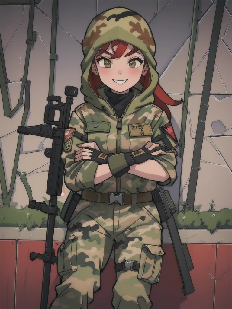 girl with smile and red hair, with a camouflage jacket, camouflage balaclava, tactical gloves, camouflage pants and army boots.