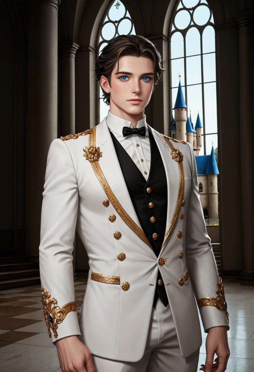 man))) (25 years old) ,  blue eyes,  moderately pumped  , in a white caftan embroidered with gold threads  ,  black long straight hair pulled behind your back in a beautiful Turkish castle, The man has a white scar all over his right side of his face vertical 