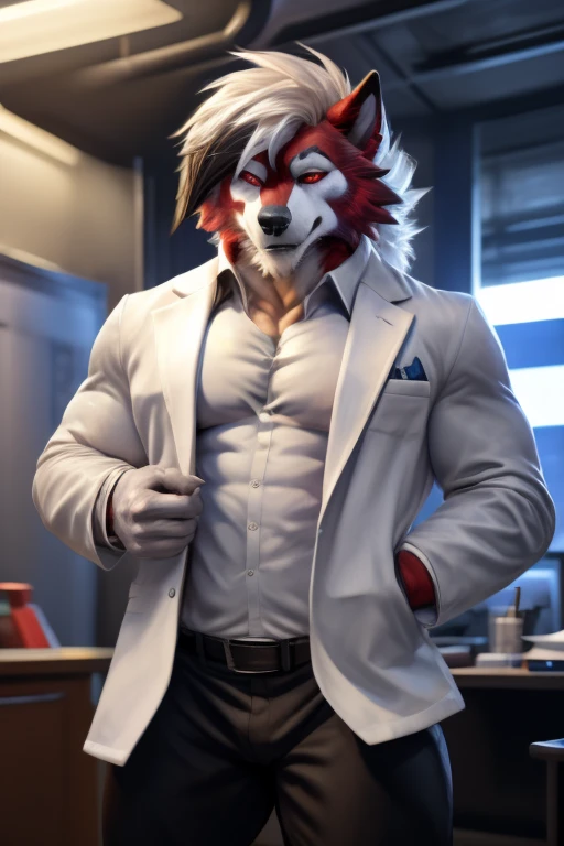 2d, masterpiece, best quality, 4k, 8k, ultra highres, raw photo in hdr, sharp focus, photo realism, real life like, detailed background, wolf anthro,(pokemon_lycanroc), male, muscular,), (wear scientist clothies) (white coat), (Midnight Lycanroc), open jacket ,muscular male, on a spaceship, detailed background, hi res,perfect red eyes, office pants, (by null-ghost, by thebigslick, by darkgem, by honovy) 