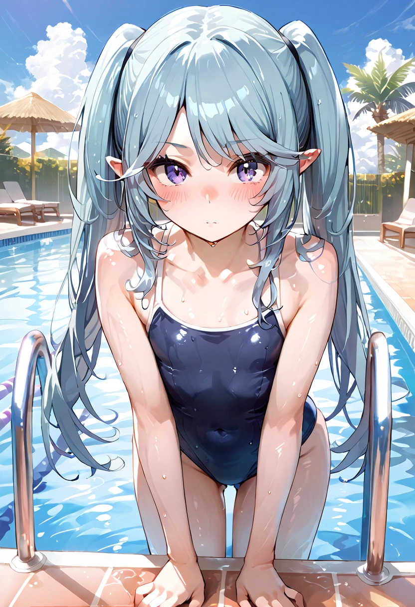 score_9, score_8_up,score_7_up,source_anime,Epsilon_Eminence, 1girl,  flat chest, twintails, looking at viewer,collarbone,flat chest, swimsuit, wet swimsuit, covered navel, pool, blush,bent over,,blush