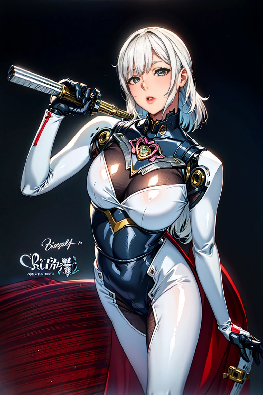 textured skin, Super detailed, Best Quality,  High Resolution , superdetail, high quality,  best quality,  High Resolution ，a female robot，Beautiful Silver Hair Female Robot(Thick mechanical armor), Beautiful Clear Face (Rain Wave_haneame：1.5)，Japanese female ninja， Mechanical Tech Bodysuit ， Mesh Tights ， Black Tech Clothes Style，Ninja Robot Armor ，Show shoulders， Silver Medium Short Hair 