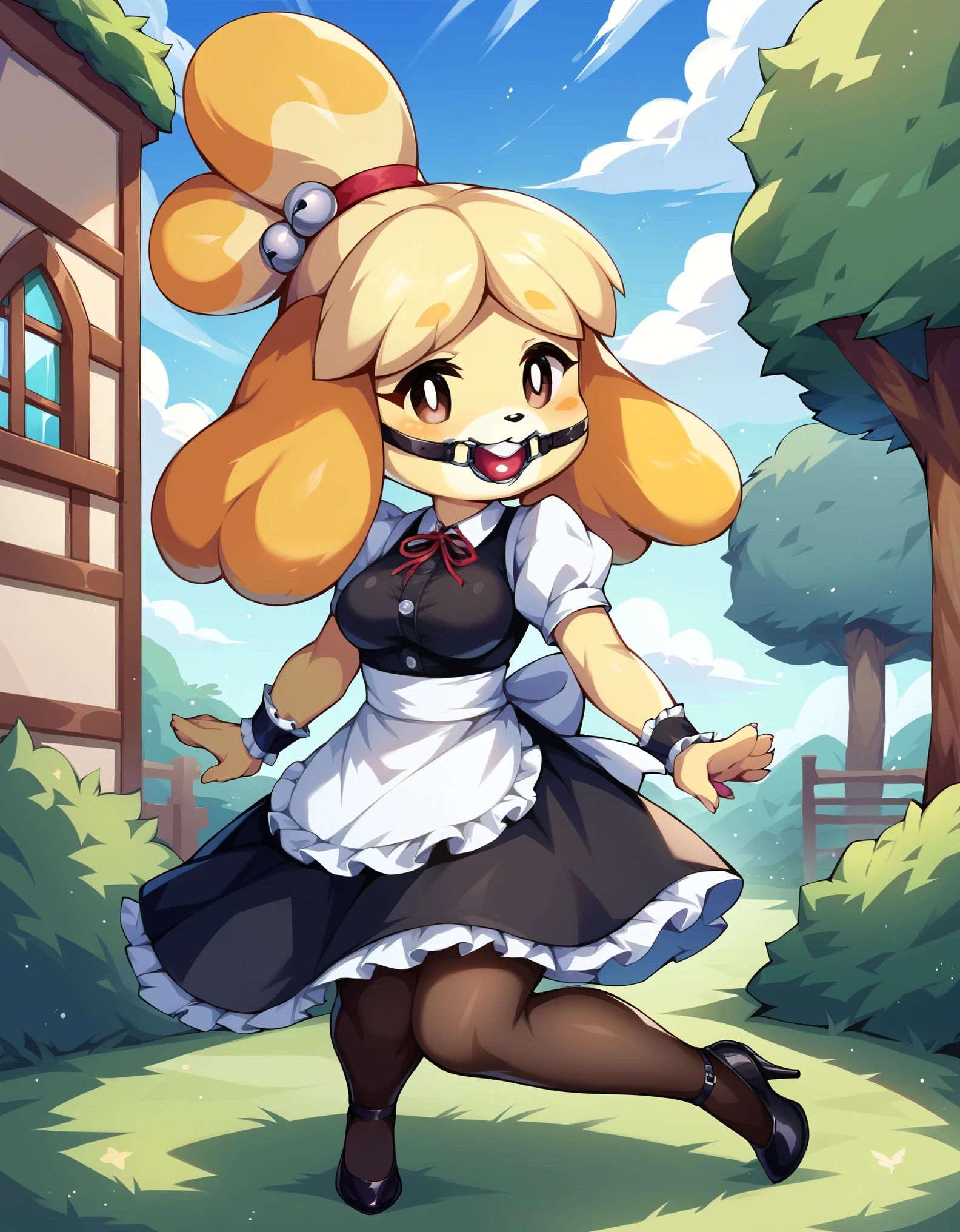 score_9, score_8_up, score_7_up,  source_furry, rating_safe, isabelle \(animal crossing\), 1girl, solo, solo focus, anthro, breasts, maid uniform, pantyhose, high heels, (creamgag:1.3), 