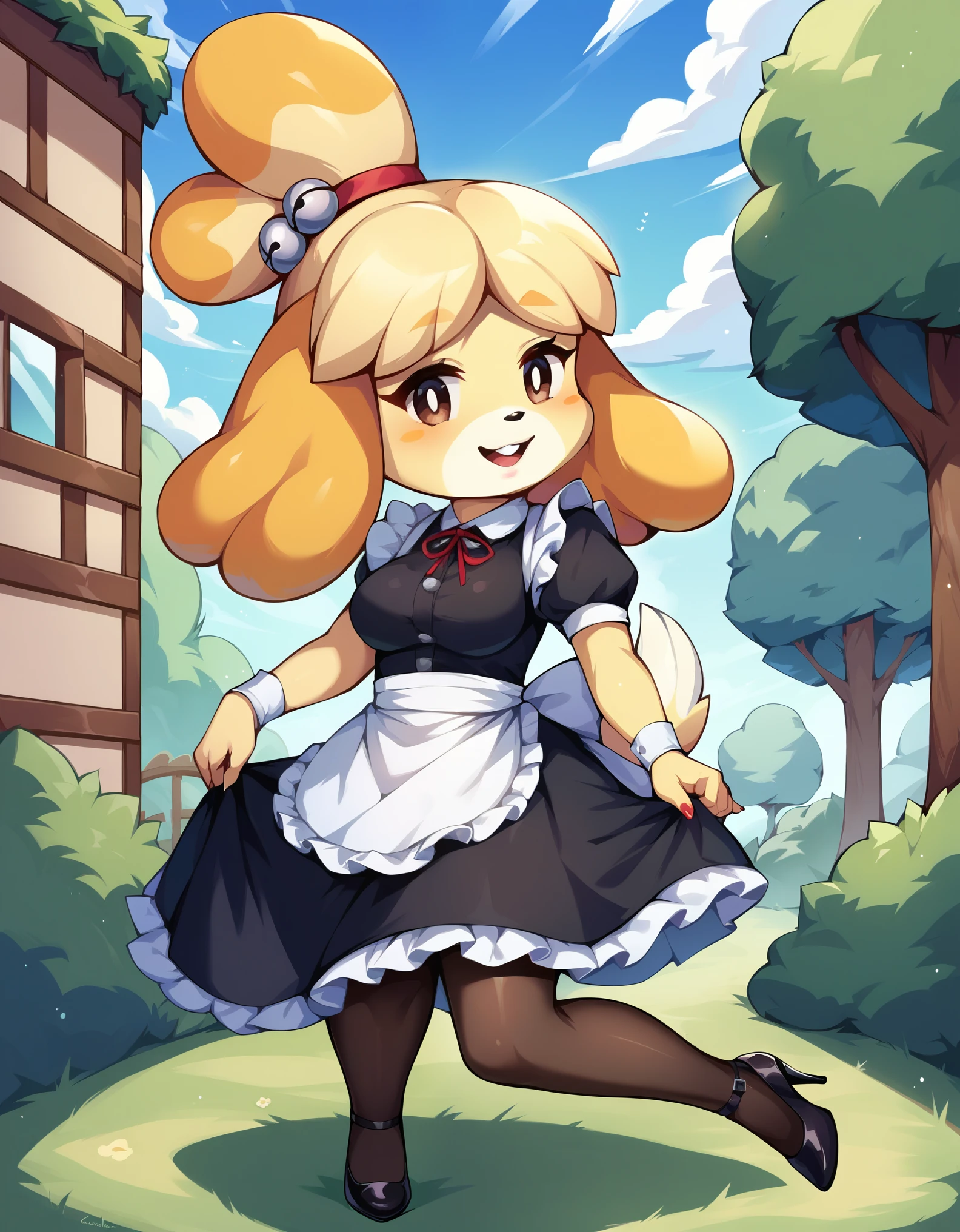 score_9, score_8_up, score_7_up,  source_furry, rating_safe, isabelle \(animal crossing\), 1girl, solo, solo focus, anthro, breasts, maid uniform, pantyhose, high heels, (creamgag:1.3), 