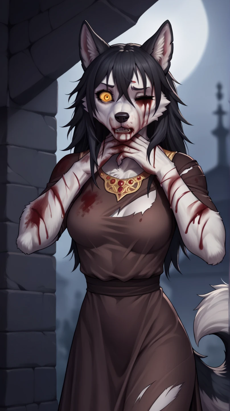 (zPDXL2), (PonyXLV6_Scores), source_anime, source_anthro, source_furry, rating_explicit, Expressiveh, full body, asymmetric image, BREAK
(lhata4564, female, solo, furry, anthro), (18 years old, medium breasts, wolf girl, fur body, fluffy tail, slim figure, detailed body, grey fur, wounds),
(shocked expression, bloody face, face covered in blood), (long straight black hair), tied hands, hands over head,
(golden eyes, detailed eyes, damaged eyes, (closed right eye, one eye), right eye:1.4), (wolf ears, ears jewelry, accessories),
 (princes of Nordic King), (royal Nordic brown dress with white fur mantles, clothes covered in blood, ripped clothes:1.4),  colored image, royal Lord hall background