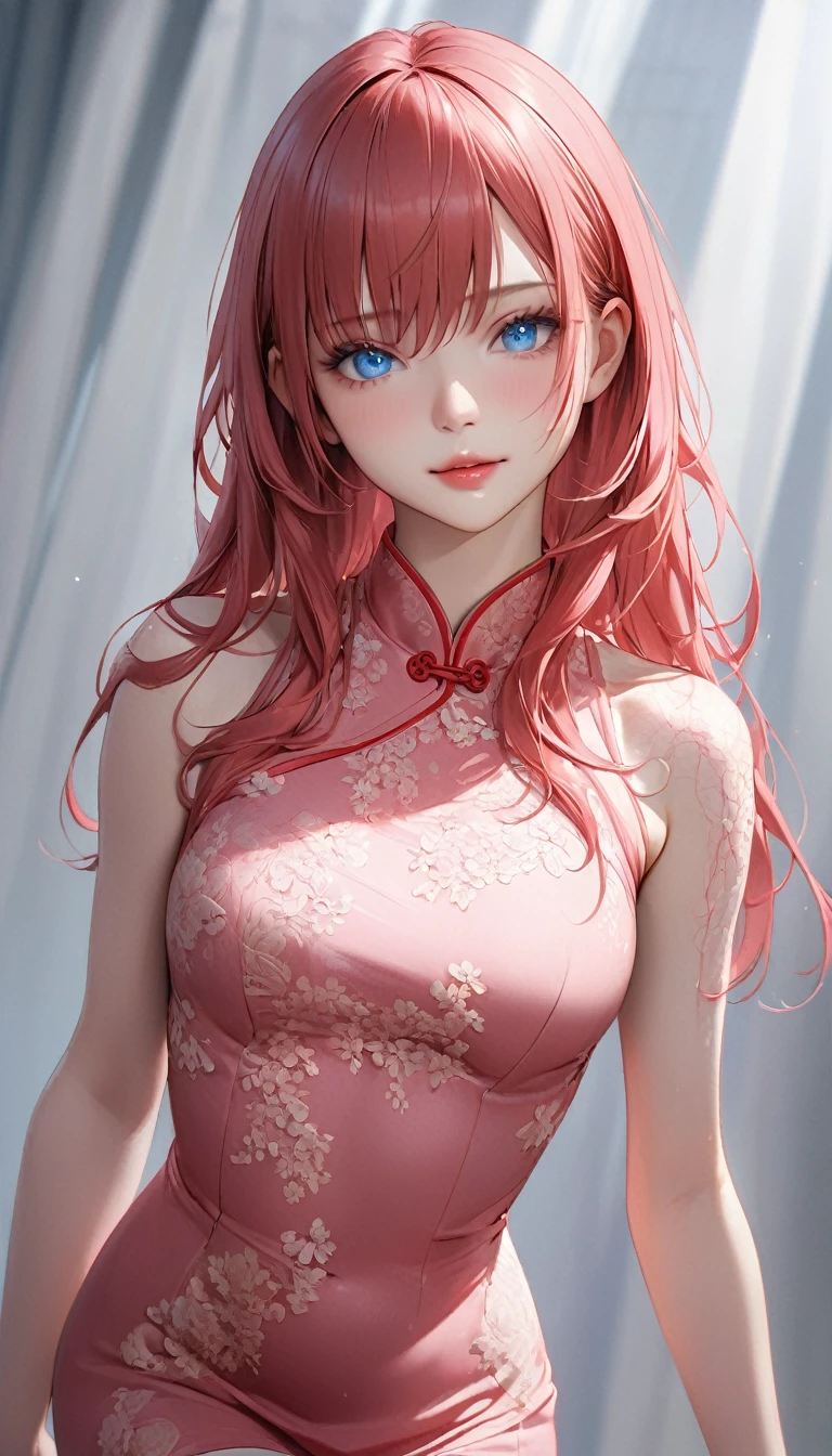 masterpiece,   high resolution on down ,   anatomically correct , 最 high quality,   high detail ,  high definition model ,   very detailed,   high quality,  Ultra High Definition,   Textured Skin,  Realistic Skin , Delicate skin, pink red hair, long hair, Permanent wave,  bangs between eyes, Blue Eyes,  Sparkling Eyes,  high resolution on downの目, Adult women, textured lips, 
 has a faint smile, 
Wearing a pink Chinese dress, Thigh high stockings, 
 Dramatic Angle ,