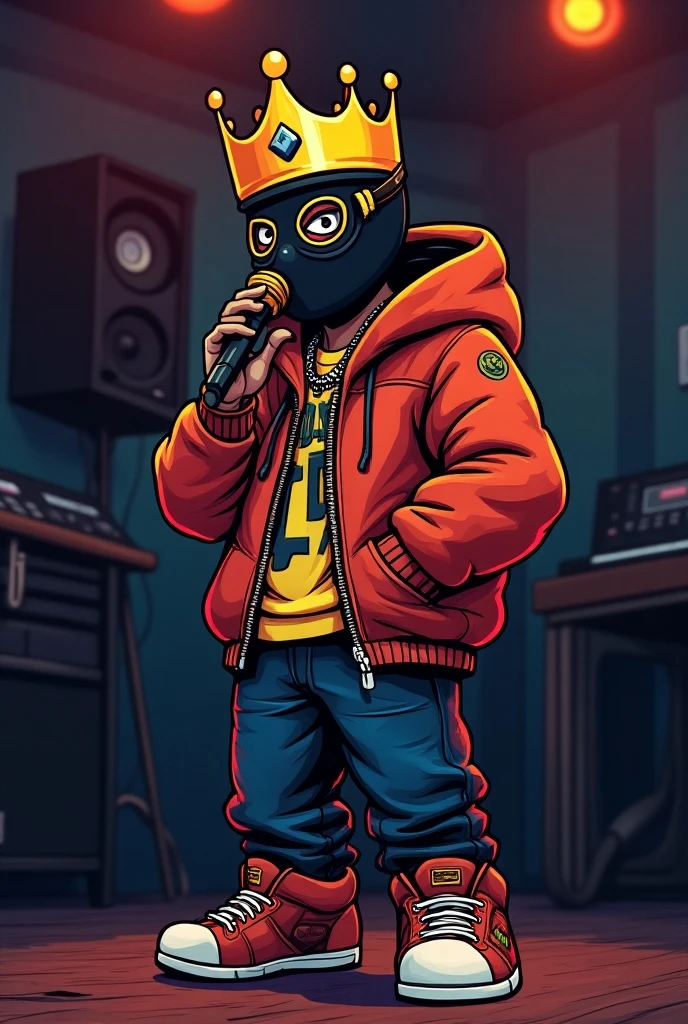 90s rap Cartoon gangster rapper wearing a crown and ski mask in studio ...
