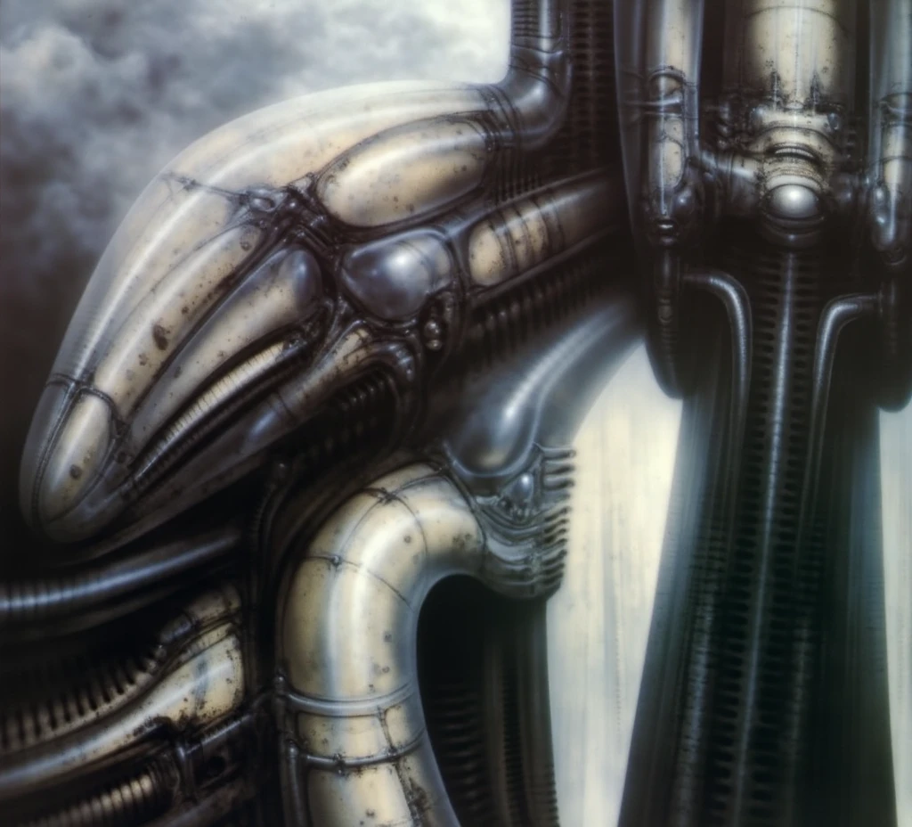 H. R. Giger's g1g3r, , Giger_style, The image is a detailed view of H.R. Giger's \" NY City  \" plate, featuring H R GIGER's biomechanical is a digital artwork featuring  vertical city set against a backdrop of intricate mechanical pipes and wires.. with a glowing light source, dence cloudy mist, strokes of steam. (A haunting and surreal image inspired by the work of H.R. Giger. The artwork depicts a biomechanical , with intricate tubes and pipes snaking along the walls.  The image features a close-up of a mechanical object with a complex, intricate design, resembling a futuristic machine or robot, made of  burned bone and ivory, fossils,set against a blurred background, adding to the sense of unease and mystery. The overall atmosphere is one of darkness, decay, and the unsettling nature of the unknown, best quality:1.4) The artistic manner would be unmistakably Gigeresque. A dark and unsettling beauty would permeate the piece, blurring the lines between fascination and repulsion , forever haunted by the grotesque allure. Giger's signature artistic manner would be evident in every stroke. The artist has used careful linework to depict the contours and textures in the piece, (Triadic:1.1), (Proportion:1.1),  , (Reflected light:1.2), Parchment, ultra detailed, intricate,, dry b (best quality:1.4), H.R. GIGER,  BY GIGER