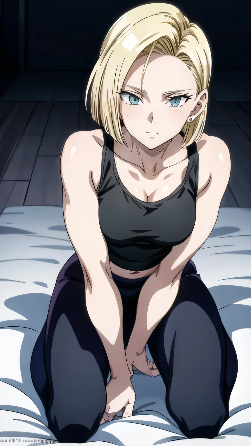 A woman, Android 18. Her face has no make-up and is naturally beautiful. with short blond hair. Female body. Her appearance is very hot. She's only wearing sweatpants and a sports bra. small breasts. It's a close-up of her head from above, kneeling in front of the camera, kneeling blowjob pose for porn on a towel, sexy, NSFW, hands on thigh, presented as a masterpiece of the highest quality in exceptionally high 8K resolution. Her eyes are particularly highlighted, with beautifully detailed facial features that enhance her hyper-realistic appearance. Both her face and body are extremely detailed, every facet of her anatomy is carefully crafted, including perfect hands and anatomy. The scene shows how he feels. She looks directly at the viewer with her mouth open in a typical ahegao shot. The image is placed indoors with the lighting perfectly adjusted to bring out the details to their best advantage. The overall presentation of the image is a tribute to the character and his defining characteristics, brought to life through the illustration in breathtaking quality and detail.
