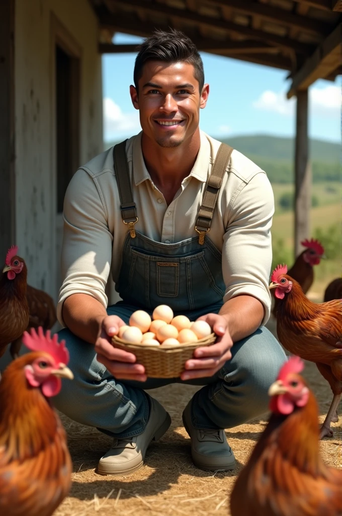 Young handsome man with a beautiful face without a shirt with a short coat feeding corn to many chickens that are around him holding the corn in a basket and behind him a little house