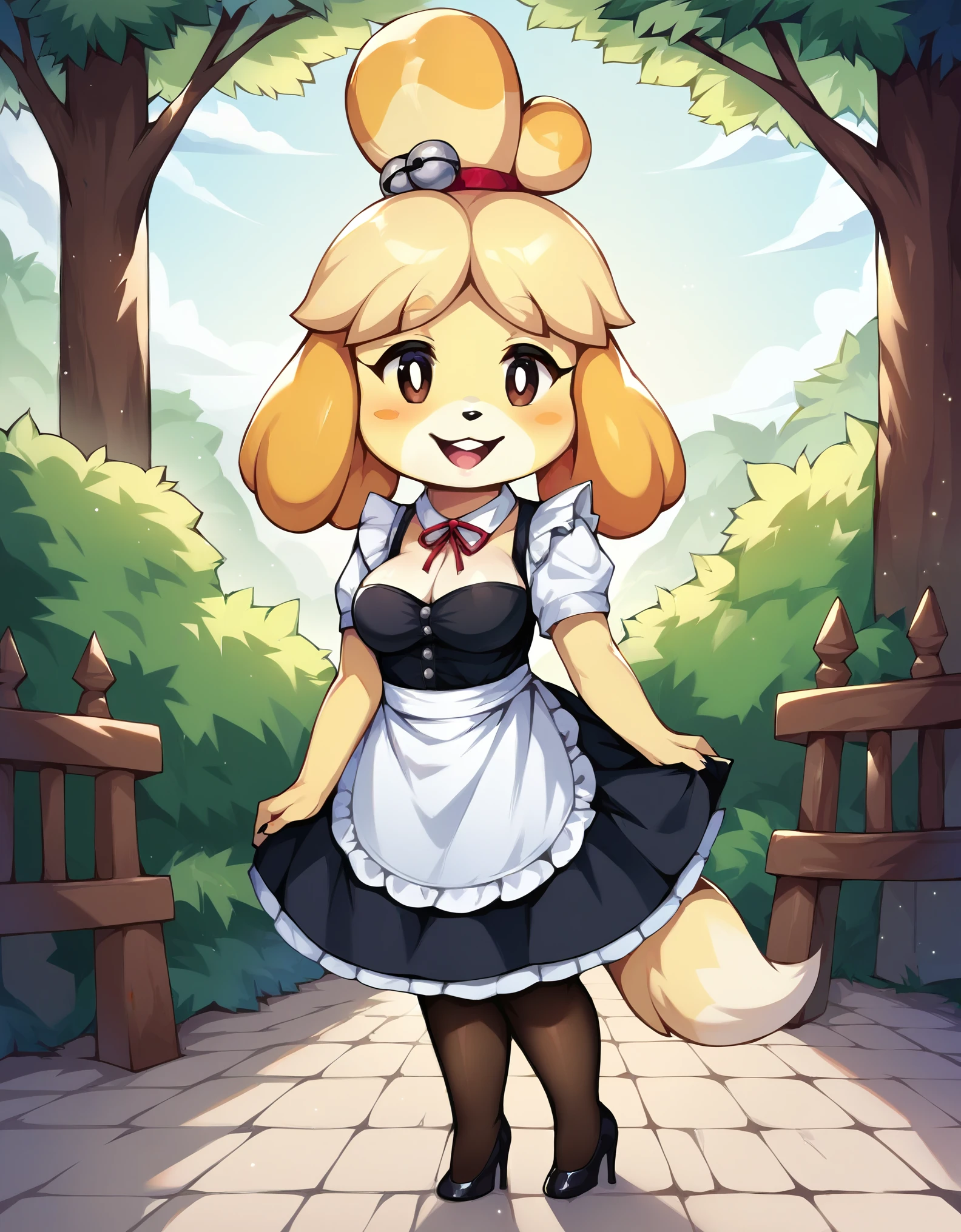 score_9, score_8_up, score_7_up,  source_furry, rating_safe, isabelle \(animal crossing\), 1girl, solo, solo focus, anthro, breasts, maid uniform, pantyhose, high heels, (creamgag:1.3), 