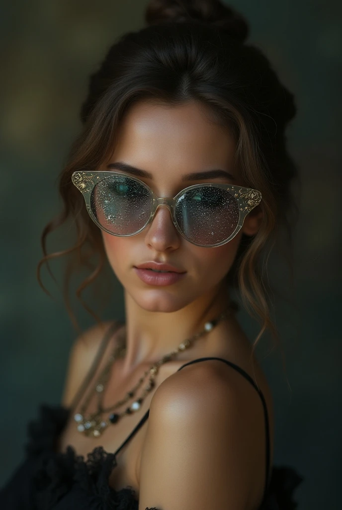 (((masterpiece, incredibly beautiful woman Model ))),  wears glass sunglasses with stars and the moon on the windows.