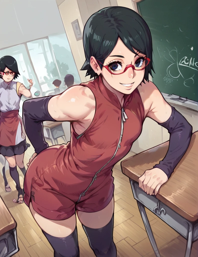 score_9, score_8_up, score_7_up, source_anime,
saradauchiha, sarada uchiha, short hair, black hair, black eyes, red-framed eyewear, glasses, swept bangs,
thighhighs, bare shoulders, detached sleeves, shorts, zipper, toeless footwear, dress, red dress,
indoors, classroom, bent over, smile,
solo, looking at viewer, cowboy shot, dutch angle,