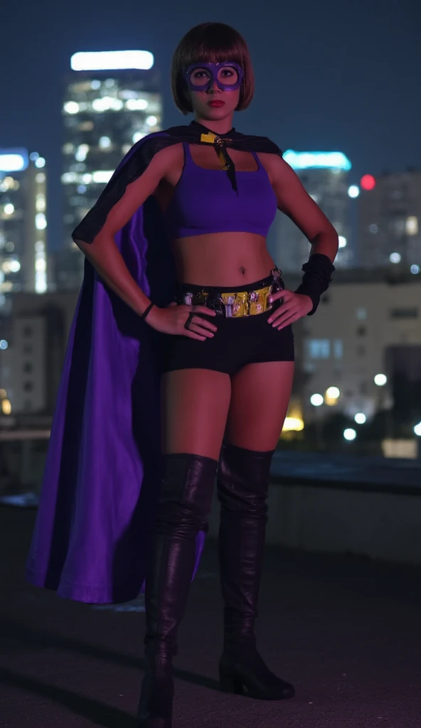 make a girl, at a certain distance, brown skin, short black hair, with light purple highlights, with the left eye green and the right light brown, breasts a little larger, dressed as a batgirl, full body. The setting is a comic book fan convention, she is next to other people dressed up as other characters, in the background there are several people dressed up