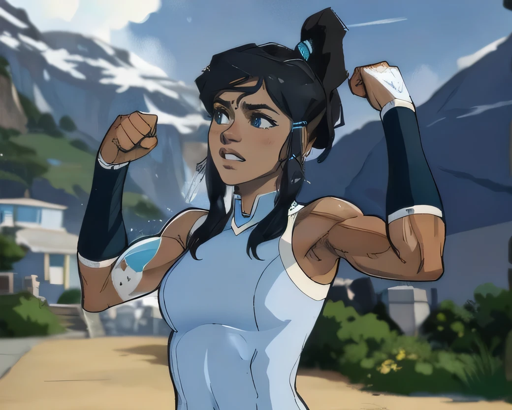 masterpiece, 1 , Alone, muscular girl, standing, posture showing the biceps, closed fists, order, confident smile from the corner of the mouth, looking forward , Dark skin, mulher de Dark skin, short hair, Corte de cabelo Chanel, bare shoulders, neve, is, , looking at the spectator