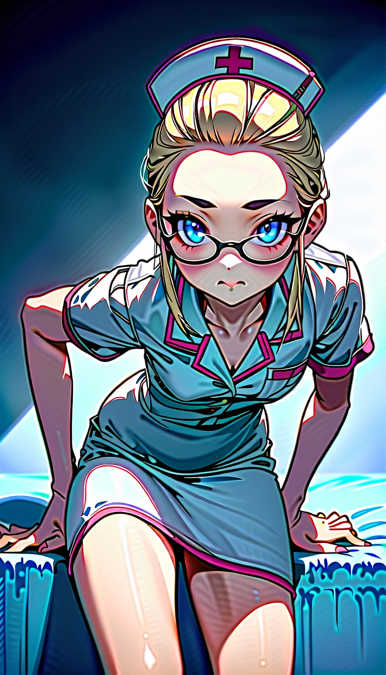 Speedy Shot,(Top quality masterpiece),detailed,ultra detailed,hyper detailed,insanely detailed,Exquisite,Beautiful Full HD,16k,cute,Fantasy,A vibrant academic community,Soft line design,Soft　Surface,Simple line drawing,The best light,Fast Shutter Speed,  depth of border described,Highly saturated colors,BREAK,
(10yo),skinny,flat chested,(forehead,hair slicked back:1.3),Beautiful blonde hair,(blue eyes),(black nodoka glasses),thick bluish eyeshadow, thin eyebrows, thick black eyeliner, Highlighted eyes with eyeliner, false eyelashes,BREAK,
nurse, nurse cap,  pocket, collared dress, short dress, short sleeves, thighs, white dress, white headwear,