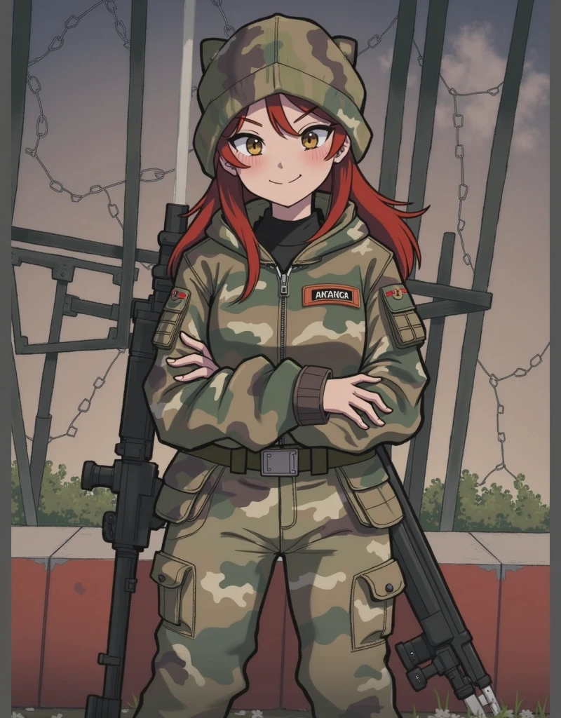  anime  girl with smile and red hair, with a camouflage jacket, camouflage balaclava, tactical gloves, camouflage pants and army boots.