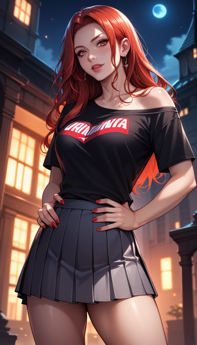 masterpiece,  of high quality, 
   realistic photo   ,  Sacimaer   ,    vibrant colors   ,    Light-Dark Lighting   ,       cannabis-themed    ,
1 woman,   detail inspired by Lenore vampire    (   from Castlevania Netflix    )
long   red hair,   red hair,    Red Eyes   ,
((( wide black t-shirt , an exposed shoulder , pleated gray mini skirt , exposed thighs,))),standing pose,  hands around waist  (hand on waist)
gothic city,buildings, night, 
  dramatic angle   