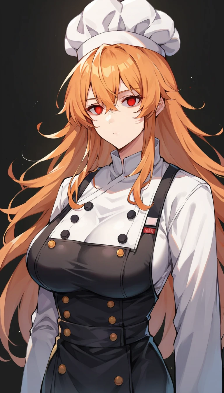 score_9, score_8_up, score_7_up, score_6_up, score_5_up, score_4_up, BREAK source_anime,1girl,erina nakiri, long hair, orange hair, hair between eyes,(Red eyes), glowing eyes,Huge breasts,((empty eyes)),Expressionless,(stand up), ((Black latex chef uniform)), cowboy shot, black background, simple background,