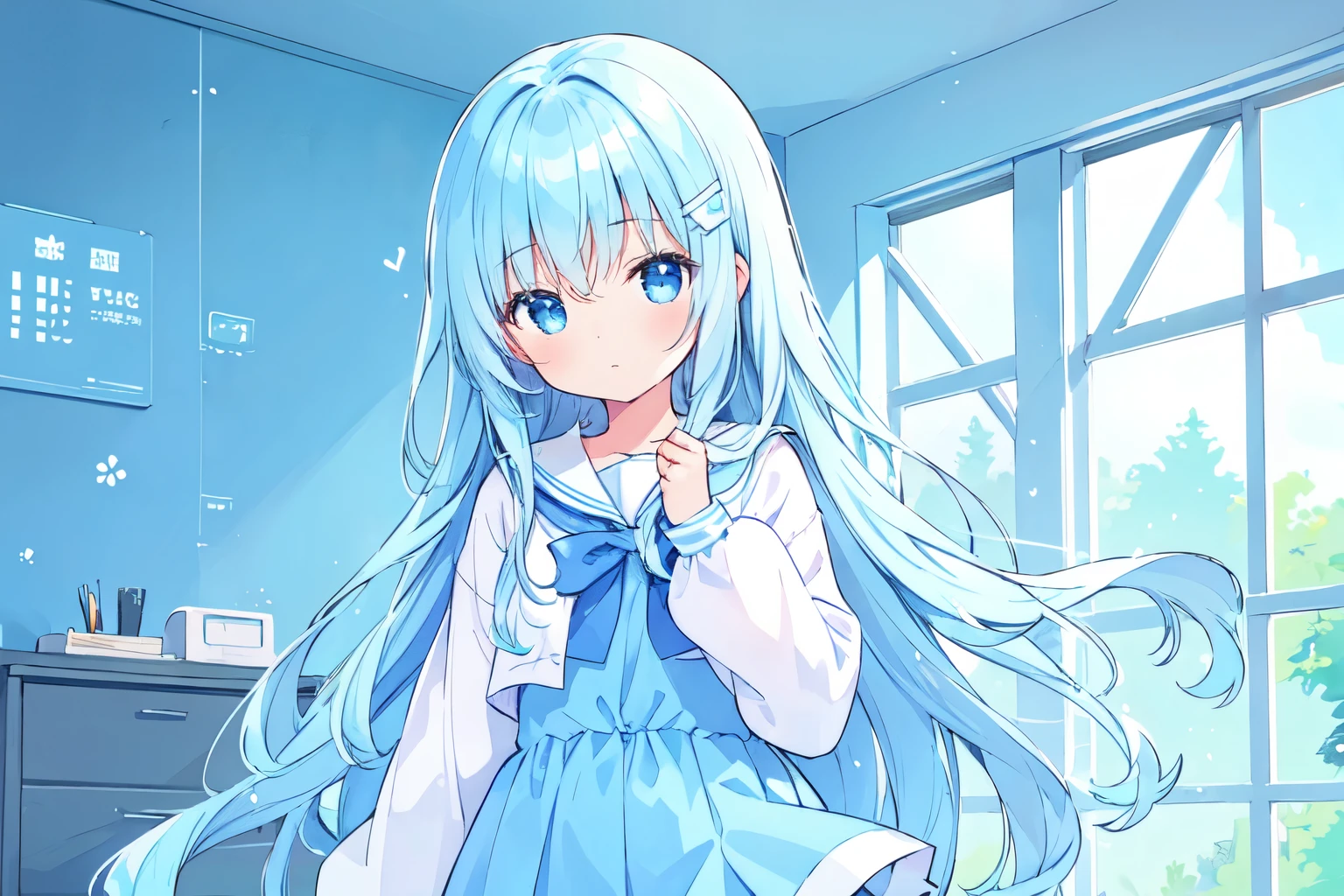 Desktop wallpaper, beautiful illustration, best quality, cute girl, long hair, straight hair, very light blue hair, ichika madobe, windows 11, OS tan, blue sailor outfit, long sleeves, digital background, detailed background