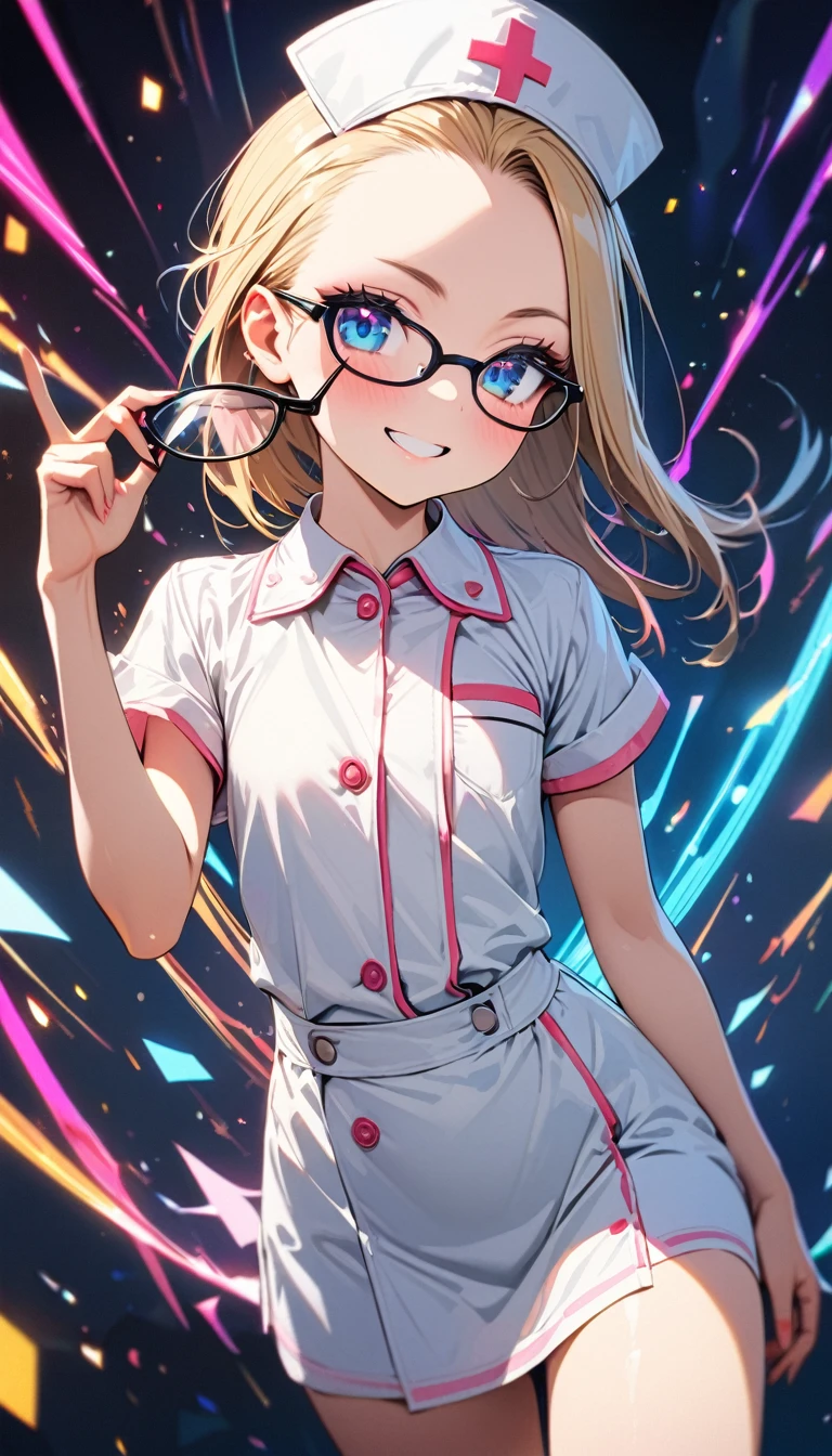 Speedy Shot,(Top quality masterpiece),detailed,ultra detailed,hyper detailed,insanely detailed,Exquisite,Beautiful Full HD,16k,cute,Fantasy,A vibrant academic community,Soft line design,Soft　Surface,Simple line drawing,The best light,Fast Shutter Speed,  depth of border described,Highly saturated colors,BREAK,
(10yo),skinny,flat chested,(forehead,hair slicked back:1.3),Beautiful blonde hair,(blue eyes),(black nodoka glasses),thick bluish eyeshadow, thin eyebrows, thick black eyeliner, Highlighted eyes with eyeliner, false eyelashes,BREAK,
nurse, nurse cap,  pocket, collared dress, short dress, short sleeves, thighs, white dress, white headwear,