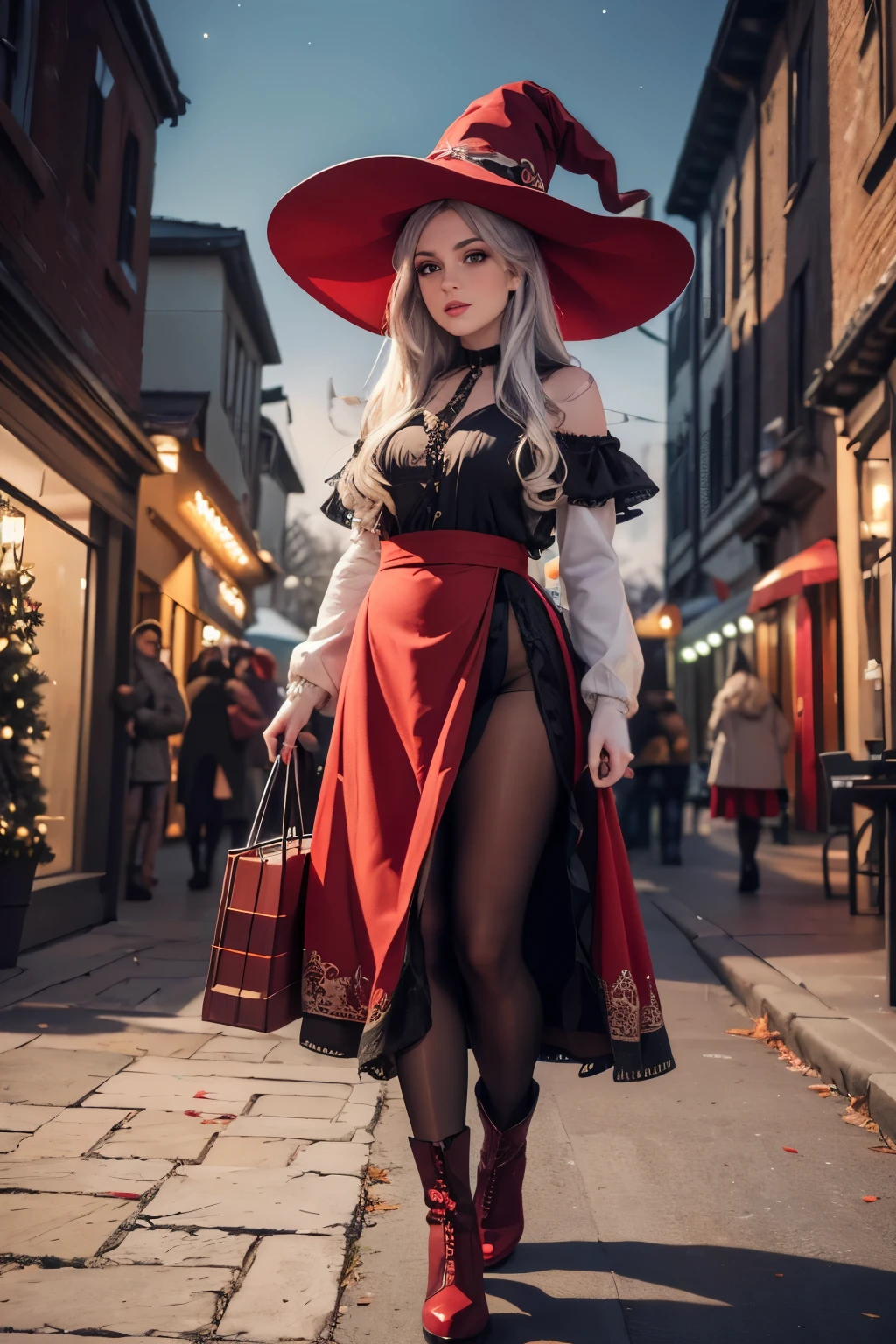 A 30 year old witch with long grey hair, wearing a red and white hat, a black boots, a red skirt and white pantyhose, standing in a winter background, holding a trolley, detailed face, beautiful detailed eyes, beautiful detailed lips, extremely detailed eyes and face, long eyelashes, (best quality,4k,8k,highres,masterpiece:1.2),ultra-detailed,(realistic,photorealistic,photo-realistic:1.37),HDR,UHD,studio lighting,ultra-fine painting,sharp focus,physically-based rendering,extreme detail description,professional,vivid colors,bokeh,fantasy,portrait