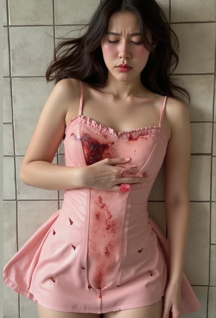 An Asian woman wearing a pink latex rubber dress, sleeping her eyes on a tile with a gunshot wound on her dress, on her little stomach, the dress was broken into small holes, bleeding on the bloody wound on the dress, made a painful face, a grievously painful posture.