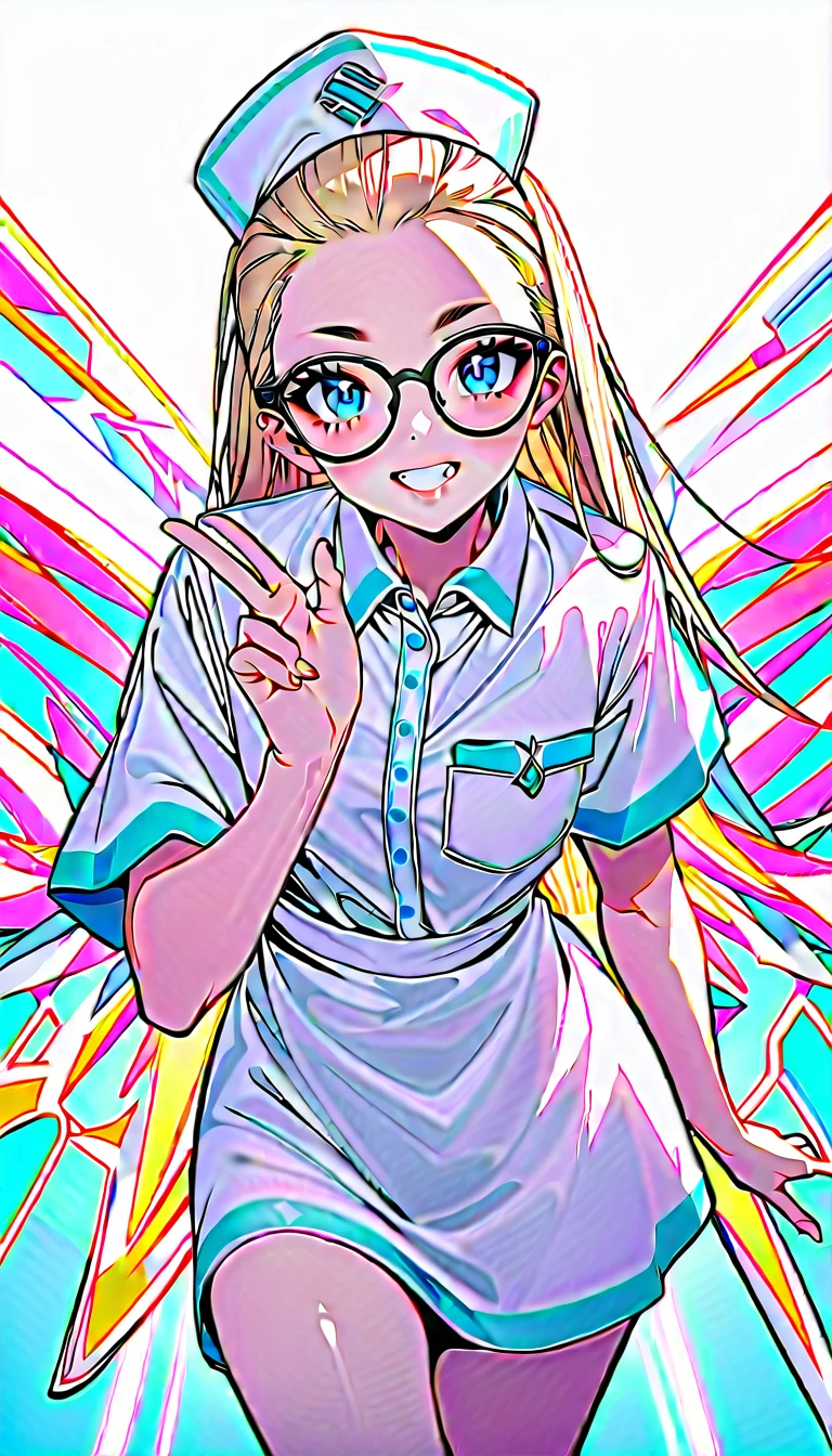 Speedy Shot,(Top quality masterpiece),detailed,ultra detailed,hyper detailed,insanely detailed,Exquisite,Beautiful Full HD,16k,cute,Fantasy,A vibrant academic community,Soft line design,Soft　Surface,Simple line drawing,The best light,Fast Shutter Speed,  depth of border described,Highly saturated colors,BREAK,
(10yo),skinny,flat chested,(forehead,hair slicked back:1.3),Beautiful blonde hair,(blue eyes),(black nodoka glasses),thick bluish eyeshadow, thin eyebrows, thick black eyeliner, Highlighted eyes with eyeliner, false eyelashes,BREAK,
nurse, nurse cap,  pocket, collared dress, short dress, short sleeves, thighs, white dress, white headwear,