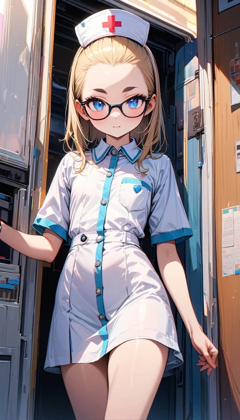 Speedy Shot,(Top quality masterpiece),detailed,ultra detailed,hyper detailed,insanely detailed,Exquisite,Beautiful Full HD,16k,cute,Fantasy,A vibrant academic community,Soft line design,Soft　Surface,Simple line drawing,The best light,Fast Shutter Speed,  depth of border described,Highly saturated colors,BREAK,
(10yo),skinny,flat chested,(forehead,hair slicked back:1.3),Beautiful blonde hair,(blue eyes),(black nodoka glasses),thick bluish eyeshadow, thin eyebrows, thick black eyeliner, Highlighted eyes with eyeliner, false eyelashes,BREAK,
nurse, nurse cap,  pocket, collared dress, short dress, short sleeves, thighs, white dress, white headwear,