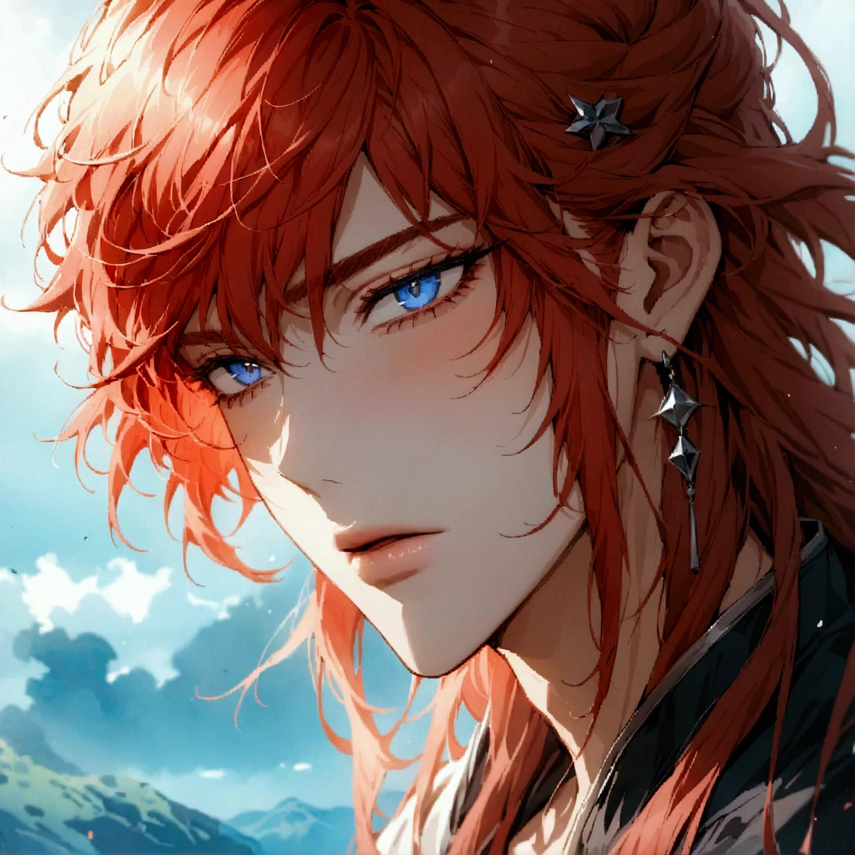 1boy, feminine, femboy, {{{best quality}}}, {1boy}, depth of field, beautiful detailed eyes, {game cg}, angular face, beautiful guy, angular face, adult, watercolor on paper, {{{{{{2024 manhwa style}}}}}}, beautiful, sexy, {{{{perfect eyes}}}}, attractive, long hair, full lips, male model, cinematic masterpiece, {{{{{detailed high quality face}}}}}, 8k quality, {{{{{proportional face}}}}}, perfect face, stunning, perfect body, soft features, muted colors, face close up, ankle length red hair, extremely long red hair, blue eyes, faint red eyeliner, extremely pale skin, slender build, long hair, cyan eyes